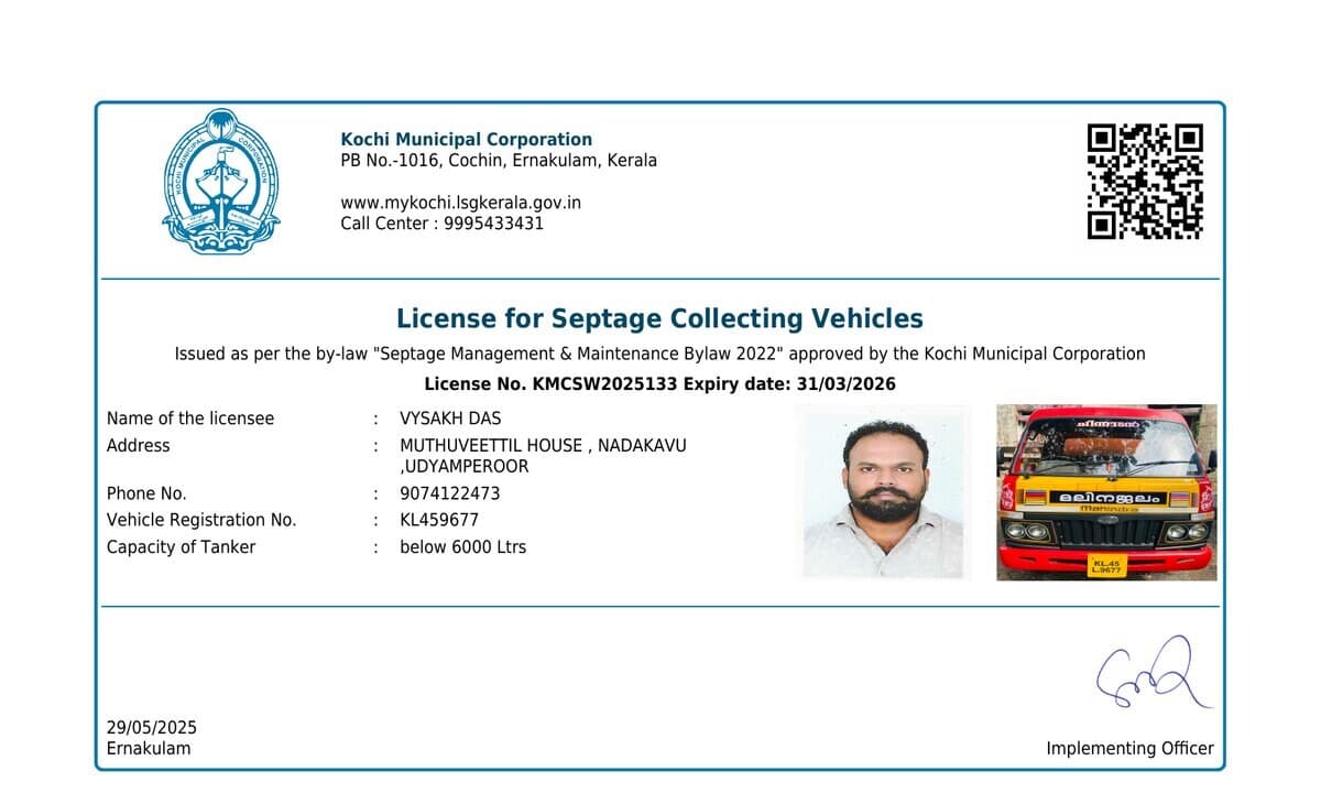 Kochi Corporation license KMCSW2025133 issued to Chinnadan Septic Services for septic tank cleaning